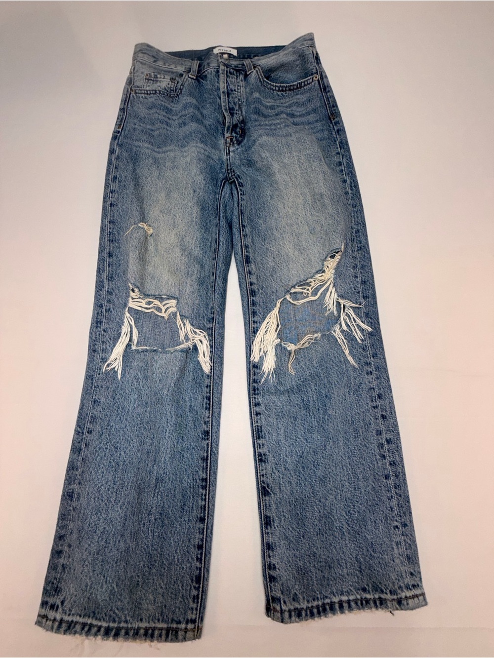 Pistola Womens Jeans 27 Blue Distressed Ripped Knee High Rise Straight Leg Denim